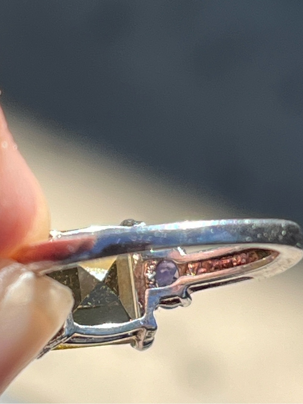 925 Sterling Silver Princess-Cut Golden Yellow Gemstone Ring with Purple Stones - Picture 10 of 10